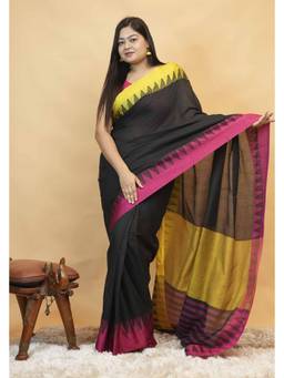 Isadora Life - Elegant Black Cotton Contrast Woven Border Predrape Saree