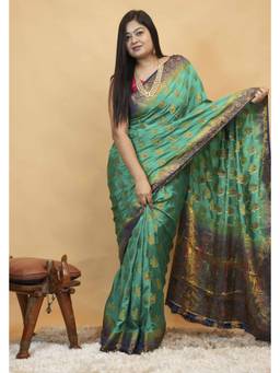 Isadora Life - Premium Turquoise Banarasi Silk with Gold Zari Buti Ready To Wear Saree