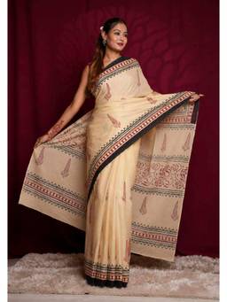 Isadora Life - Beige Hand Block Print with Border Design Cotton Ready To Wear Saree