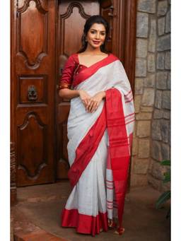 Isadora Life - Off White and Red Linen by Linen Saree