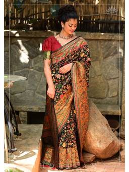 Isadora Life - Kani Design with Floral Jaal In Black Rayon Saree