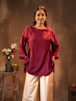 Rangsutra - Ruhani Wine Gathered Silk Bandhej Tunic