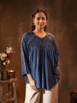 Rangsutra - Ruhani Midnight Blue Gathered Silk Bandhej Tunic