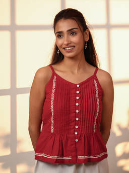 Rangsutra - Red Ishanvi Strappy Cotton Chikankari Hand Embroidery Top