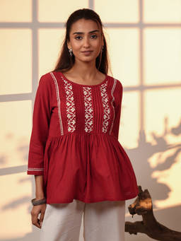 Rangsutra - Red Ishanvi Gathered Cotton Chikankari Hand Embroidery Tunic