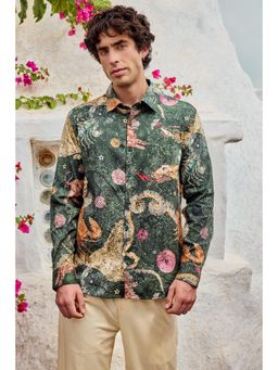 Snitch - Green Cotton Blend Collar Neck Regular Full Sleeves Shirt