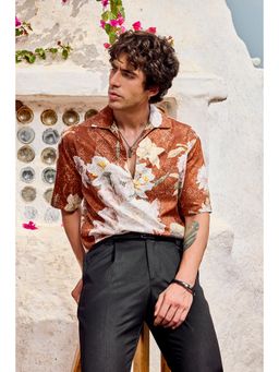 Snitch - Brown Cotton Blend Collar Neck Relaxed Half Sleeves Shirt