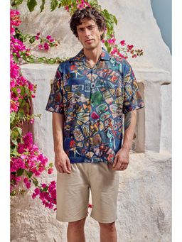 Snitch - Blue Viscose Collar Neck Regular Half Sleeves Shirt