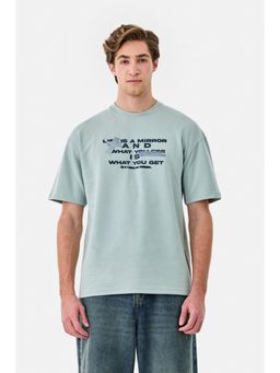 Snitch - Blue Cotton Blend Crew Neck Oversized Half Sleeves T-Shirt
