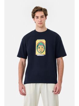 Snitch - Navy Blue Cotton Blend Crew Neck Oversized Half Sleeves T-Shirt