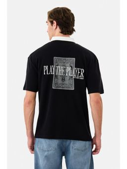 Snitch - Black Cotton Collar Neck Oversized Half Sleeves Polo T-Shirt