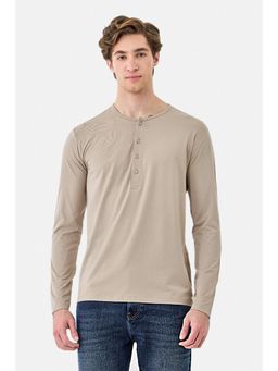Snitch - Beige Rayon Blend Henley Neck Regular Full Sleeves T-Shirt