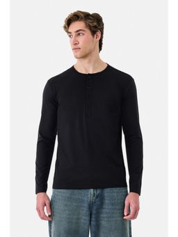 Snitch - Black Rayon Blend Henley Neck Regular Full Sleeves T-Shirt
