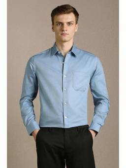 Louis Philippe - Blue Cotton Collar Neck Regular Full Sleeves Shirt