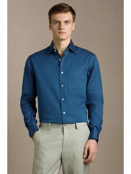 Louis Philippe - Blue Cotton Collar Neck Regular Full Sleeves Shirt