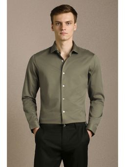 Louis Philippe - Olive Cotton Collar Neck Regular Full Sleeves Shirt