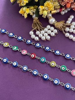 Digital Dress Room - Silver Rakhi Bracelets Blue & Evil Eye Beads Bracelet (Pack of 3)
