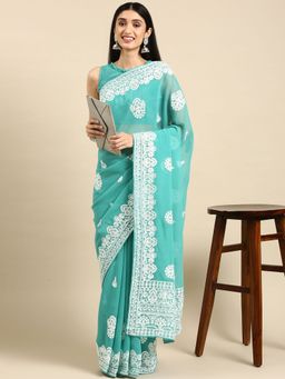 VAIRAGEE - Turquoise Georgette with Lucknowi Work Saree with Unstitched Blouse