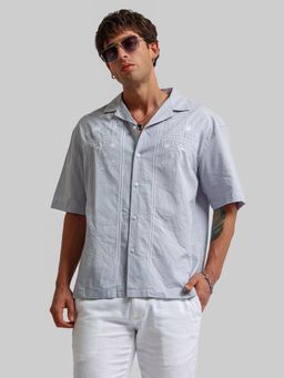 MANIAC - Mens Stain Flora Embroidery Half Sleeves Blue Linen Shirt
