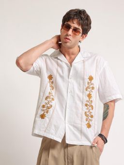 MANIAC - Mens Golden Petal Embroidery Half Sleeves White Linen Shirt