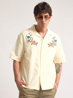 MANIAC - Mens Flower Embroidery Half Sleeves Yellow Linen Shirt
