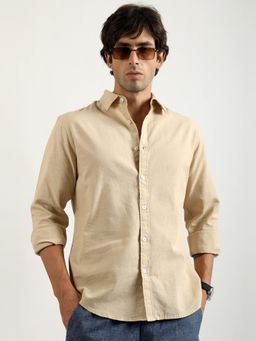 MANIAC - Solid Mens Collared Neck Full Sleeve Cotton Linen Beige Shirt