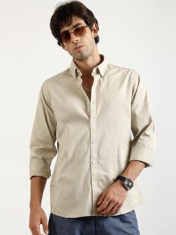 MANIAC - Mens Solid Collared Neck Full Sleeve Soft Twill Fabric Biscuit Shirt