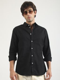 MANIAC - Solid Mens Collared Neck Full Sleeve Cotton Linen Black Shirt