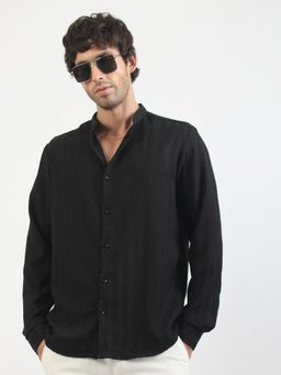 MANIAC - Mens Solid Chinese Collar Full Sleeve Soft Twill Fabric Black Shirt