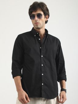 MANIAC - Mens Solid Collared Neck Full Sleeve Soft Twill Fabric Black Shirt