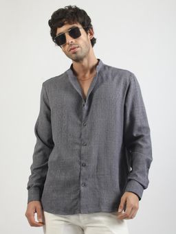MANIAC - Mens Solid Chinese Collar Full Sleeve Soft Twill Fabric Grey Shirt