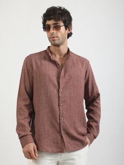 MANIAC - Mens Solid Chinese Collar Full Sleeve Soft Twill Fabric Brown Shirt