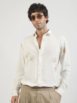 MANIAC - Mens Embroidery Collar Neck Full Sleeve Cotton Cream Shirt