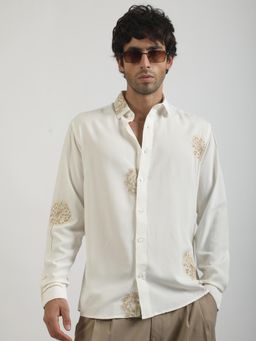 MANIAC - Mens Blowball Embroidery Collar Neck Full Sleeve Cotton Cream Shirt