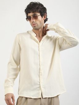 MANIAC - Mens Solid Chinese Collar Full Sleeve Soft Twill Fabric Cream Shirt