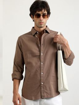 MANIAC - Solid Mens Collared Neck Full Sleeve Cotton Linen Light Brown Shirt