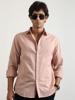 MANIAC - Solid Mens Collared Neck Full Sleeve Cotton Linen Light Pink Shirt