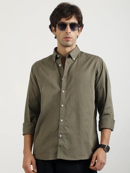 MANIAC - Mens Solid Collared Neck Full Sleeve Soft Twill Fabric Olive Shirt
