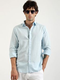 MANIAC - Solid Mens Collared Neck Full Sleeve Cotton Linen Sky Blue Shirt