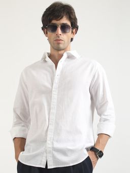MANIAC - Solid Mens Collared Neck Full Sleeve Cotton Linen White Shirt