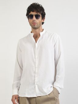 MANIAC - Mens Solid Chinese Collar Full Sleeve Soft Twill Fabric White Shirt