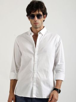 MANIAC - Mens Solid Collared Neck Full Sleeve Soft Twill Fabric White Shirt