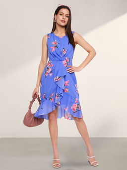 Martini - Blue Ruffle Floral Knee Length Dress