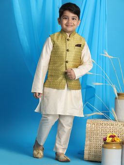 Vastramay - Boys Yellow & Cream Jacket With Kurta & Pyjama (Set of 3)