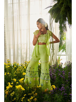 Tilsim by Sagarika Mehrotra - Green Tulip Sharara with Crop Top and Shrug (Set of 3)