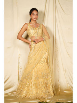 MEHAK MURPANA - Gold Embroidered Fish Cut Lehenga with Blouse and Dupatta (Set of 3)