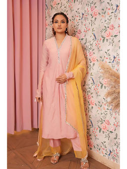 Studio Chiraiya - Pure Chanderi Pink Kurta with Pant and Dupatta (Set of 3)