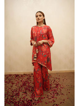 Studio Chiraiya - Red Soft Designer Printed Crape Kurti with Sharara (Set of 2)