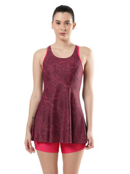 Speedo - Women's Endurance Printed Racerback Swimdress With Boyleg - Deep Plum & Cherry