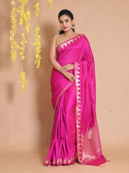 CHARUKRITI - Fuchsia Silk Handwoven Zari Temple Borders & Chevron Pallu Saree with Unstitched Blouse